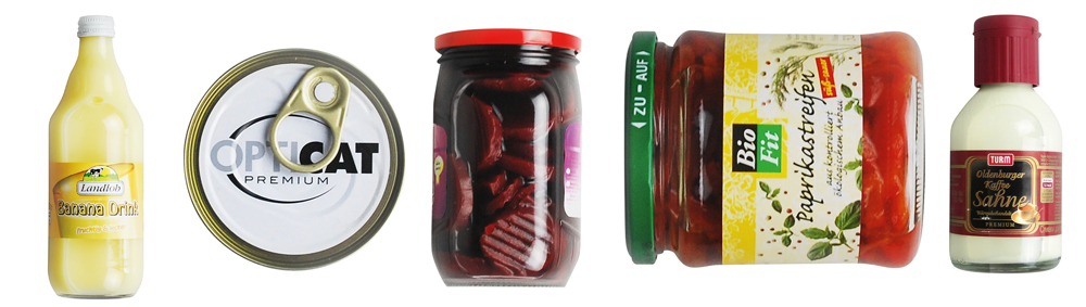Beispielbild Etiketten mit 5 unterschiedlichen Behältnissen wie kleine Flaschen, Dosen oder Konservengläser