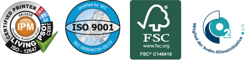 Bildreihe mit Zertifikaten IPM, ISO 9001, FSC und CO2
